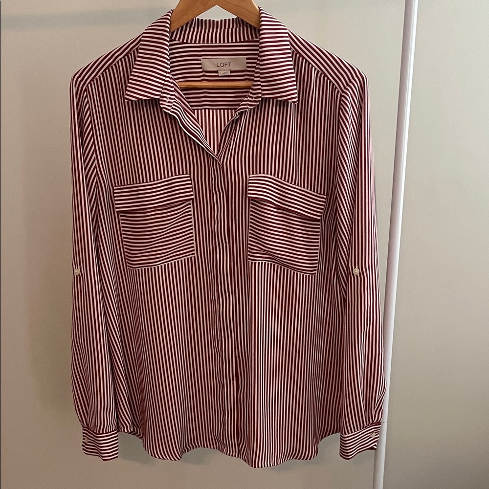 LOFT Red and White Striped Button Down Shirt